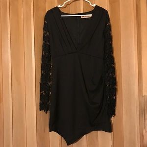 Black Dress w/ Lace Sleeves & Plunging V-Neckline